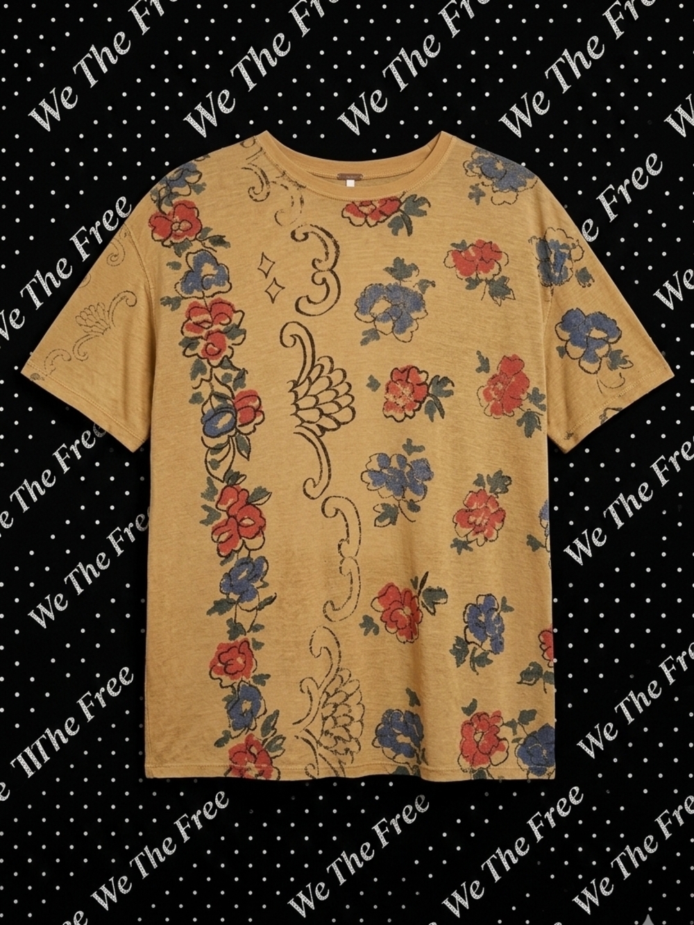 ​We The Free Free People Oversized Mustard Floral Embroidered Boho Tee T-Shirt
